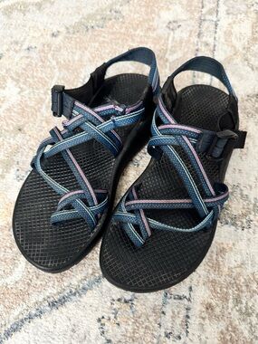 Chaco Women’s Outdoor Sport Strappy Sandals in Black with Blue and Purple Straps